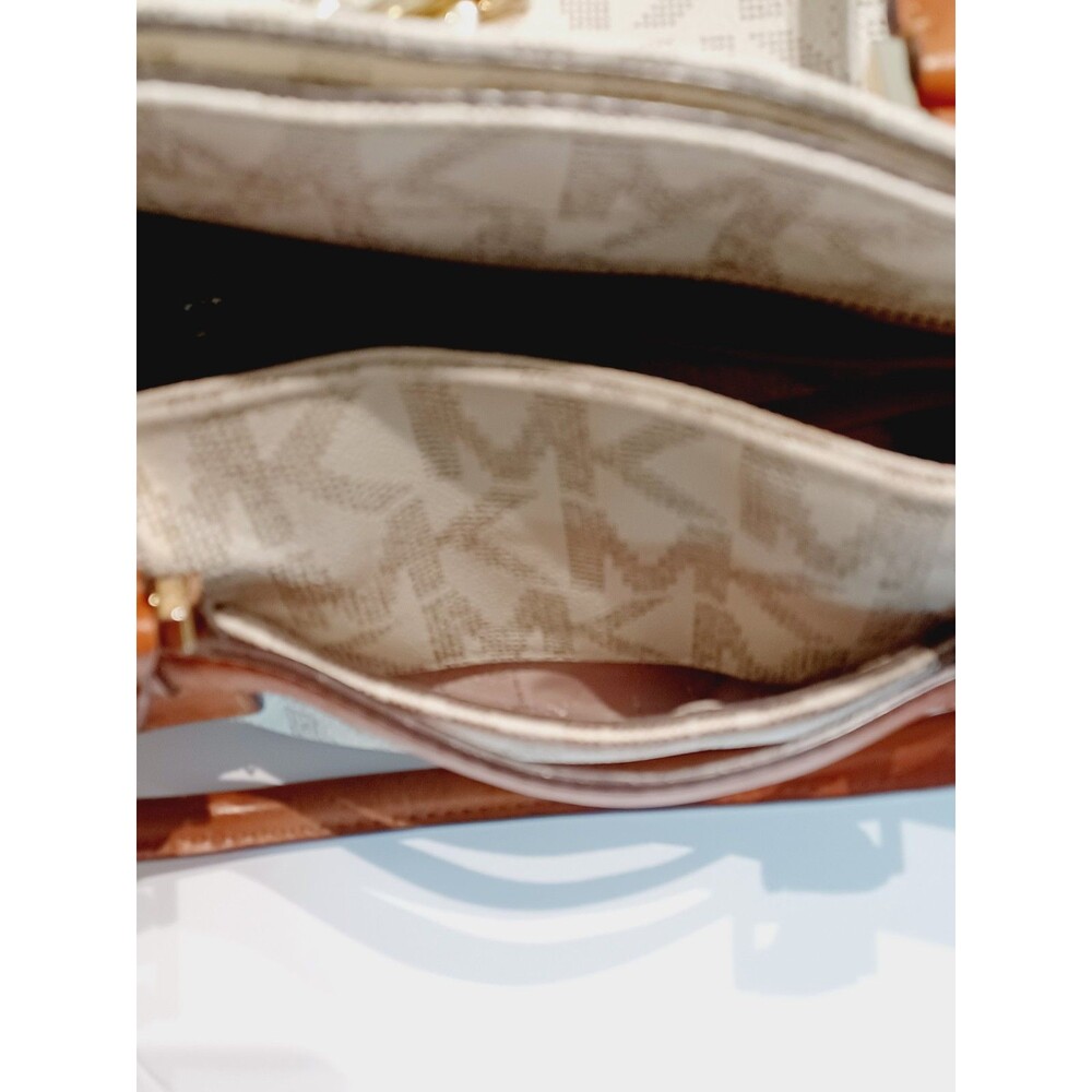 Michael Kors Cream MK Logo Canvas Crossbody with Brown Leather Trim - Picture 11 of 13